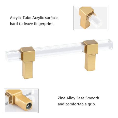 10 Pack 5 Inch Gold Acrylic Drawer Pulls With Seven Point Five Inch Overall Length For Kitchen Cabinets Square Clear Acrylic Cabinet Handles With Zinc Alloy Base Durable Rust Resistant Hardware For Kitchen And Bathroom Vanities displayed in multiple angles, showing gold finish and smooth base.