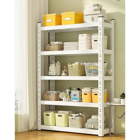 Heavy Duty 5 Tier Adjustable Metal Wire Shelving Unit Delivers Boss Level 200 Pound Shelf Load For Garage Kitchen Warehouse And Basement with organized boxes and towels.