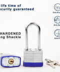 Two Pack Heavy Duty Padlocks Keyed Alike With Extra Long Two And Three Eighths Inch Shackle And Forty Millimeter Laminated Steel Lock Bodies Ideal For Gym Lockers Sheds Gates Warehouses Tool Boxes Hasps Includes Four Identical Keys shown with keys and security features