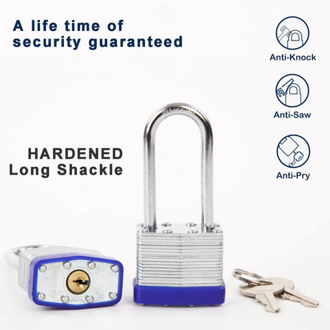 Two Pack Heavy Duty Padlocks Keyed Alike With Extra Long Two And Three Eighths Inch Shackle And Forty Millimeter Laminated Steel Lock Bodies Ideal For Gym Lockers Sheds Gates Warehouses Tool Boxes Hasps Includes Four Identical Keys shown with keys and security features