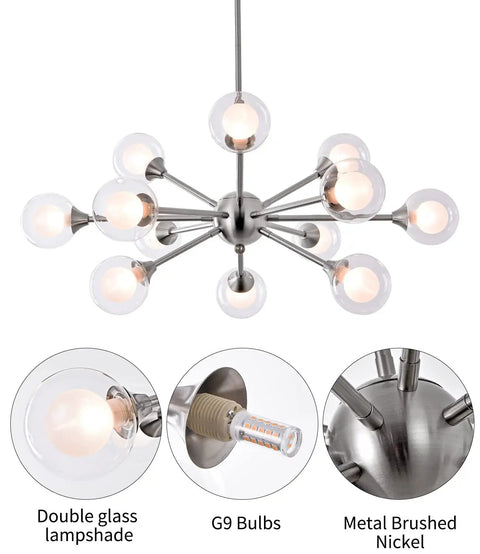 12 Lights Sputnik Chandelier Brushed Nickel With Glass Ball Orbs Modern Ceiling Pendant Lighting for Dining Room