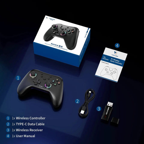 Aurora II 2.4G Wireless Bluetooth Controller with USB cable, receiver, manual, and box for PC Android Switch iOS Steam Deck