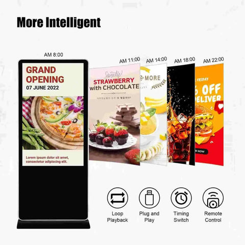 Dead Simple 55 Inch Double Sided Digital Signage Display With Smooth Roll Mobile Cart Android 11 showing menu examples with time slots.