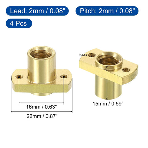Premium TR8x4 Lead Screw Brass Nuts For 3D Printer Z Axis Setup showing 4 brass nuts with dimensions for stability and smooth operation.