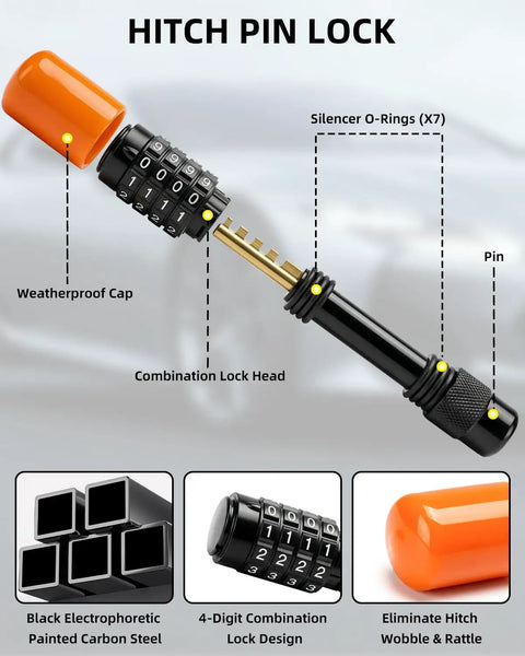 Keyless Trailer Hitch Lock For Two Inch Receivers Five Eighths Inch Pin Heavy Duty Weatherproof Lock With Resettable Four Digit Combo Secure For RVs Boats And Trucks Includes Silencer O Rings And Weather Cap