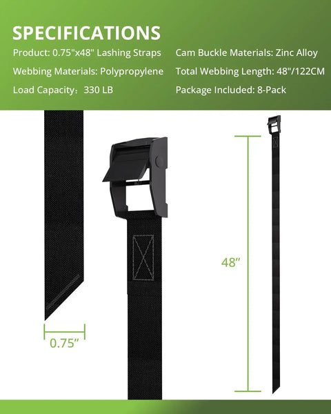Rock Solid 0.75X48 Inch Cam Buckle Tie Down Straps secure with snug tension, featuring zinc alloy buckle and 330 lb capacity.