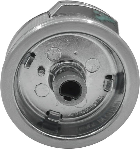 Close up of Replacement Burner Knob Set For Oven And Stove Fits W11156487 W10823529 Universal Kit chrome finish component