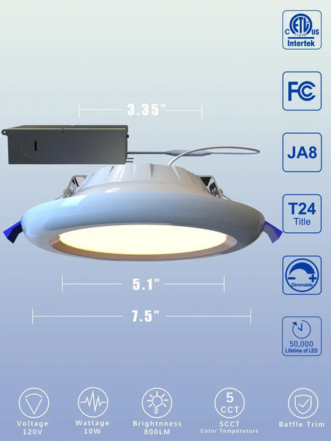 24 Pack 6 Inch Canless Recessed LED Dimmable Pot Downlights With 5Cct Indirect Ceiling Fixtures showing dimensions and baffle trim design.
