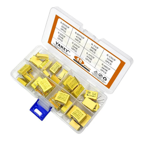 Prototyping Ready Safety Capacitor Kit Must Have For Electronics, 275VAC X2 Polypropylene Film, 40 Piece Set in Labeled Case