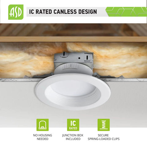12 Pack 4 Inch LED Recessed Lights With Integrated Junction Box, 10W 695LM, Selectable 2700K-5000K, Dimmable, Canless Wet Location IC Rated Ultra Thin Downlight, UL Listed, Energy Star shown in ceiling installation with IC rated junction box.