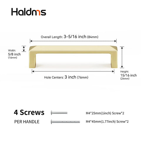 25 Pack Gold Cabinet Handles 3 Inch Center Hole Solid Zinc Alloy Brushed Gold Drawer Pulls Cupboard Hardware Size Diagram