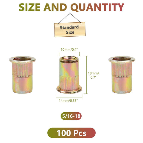 100 Pack 5/16 Inch Rivet Nut Set 5/16-18 UNC Flat Head Rivnut Inserts, Zinc Yellow Plated Carbon Steel Threaded Inserts dimensions