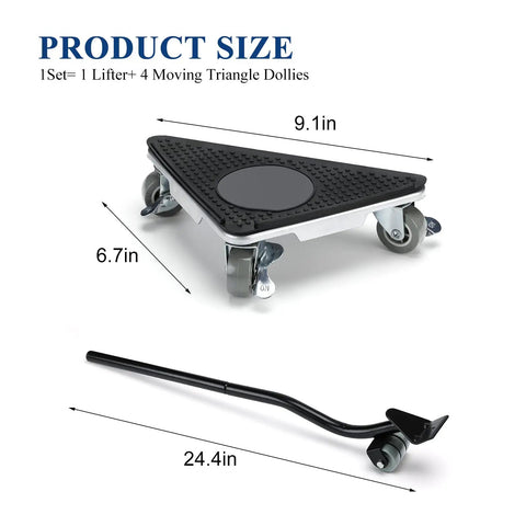 Heavy Duty Furniture Movers With 360 Degree Rotation Wheels And Lifter Set showing 9.1in dolly and 24.4in prying bar for easy moving.
