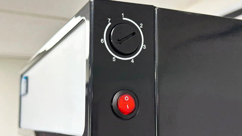 Commercial Upright Showcase Freezer 6.5 Cu Ft control panel with digital dial and temperature indicator light.