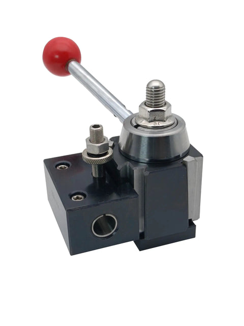 Close-up of AXA tool holder from 8 Piece Wedge Type Quick Change Tool Post Kit for lathe with 6 to 12 inch swing diameter.