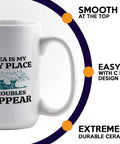 Sailor Themed 15oz White Coffee Mug for Boaters and Mariners, Funny Lake and Boat Captain Gift with wave design and text.