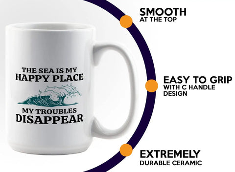 Sailor Themed 15oz White Coffee Mug for Boaters and Mariners, Funny Lake and Boat Captain Gift with wave design and text.