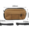 Waterproof Nylon Bike Handlebar Bag With Grab And Go Large Main Compartment And Side Pockets For Mountain Road And E Bike Commuter Gear Front Storage Pouch For Tools Snacks Phone And More In Brown shown with measurements.