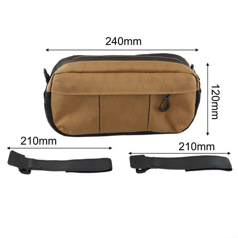 Waterproof Nylon Bike Handlebar Bag With Grab And Go Large Main Compartment And Side Pockets For Mountain Road And E Bike Commuter Gear Front Storage Pouch For Tools Snacks Phone And More In Brown shown with measurements.