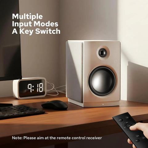 Next Level Desk Speakers With Bluetooth 5.0 And 62W RMS Power, 4 Inch Woofer And 20mm Silk Dome Tweeter On Wooden Desk