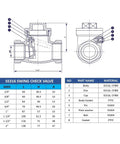 SS316 swing check valve technical drawing with front and side views, size table and parts list.