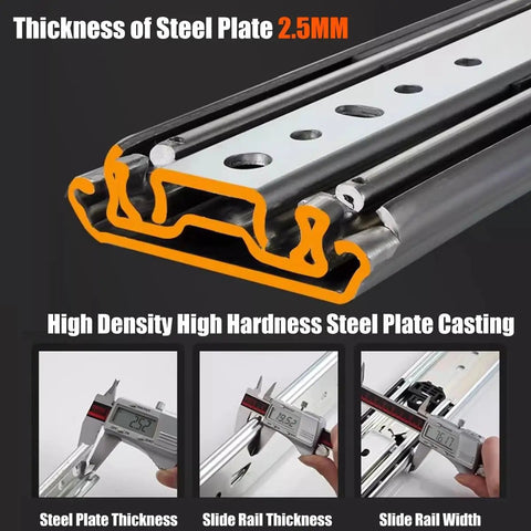 Close-up of galvanized Q235 steel heavy-duty full extension drawer slides showing thickness and construction.