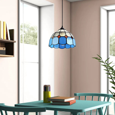 Plug In Tiffany Style Pendant Light With 16.4 Ft Cord above table in dining room, blue stained glass 7.9 inch shade, cozy vibe