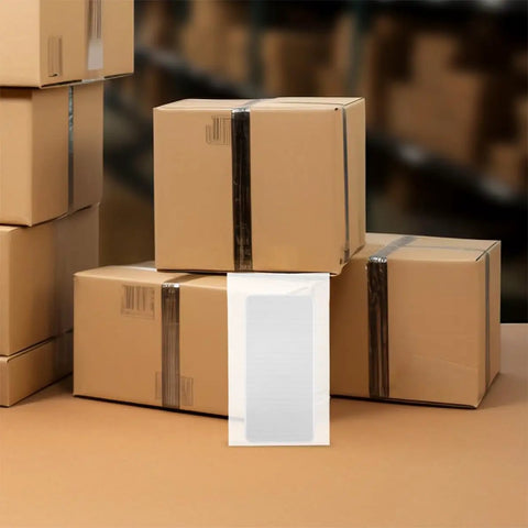 Stacked shipping boxes with a visible foam bag from 100 Pcs Foam Packaging Bags for Small Electronics and Photo Frames, Tough as Nails Shockproof EPE Foam Protection, Lightweight Transport and Shipping Bags for Moving and Mailing