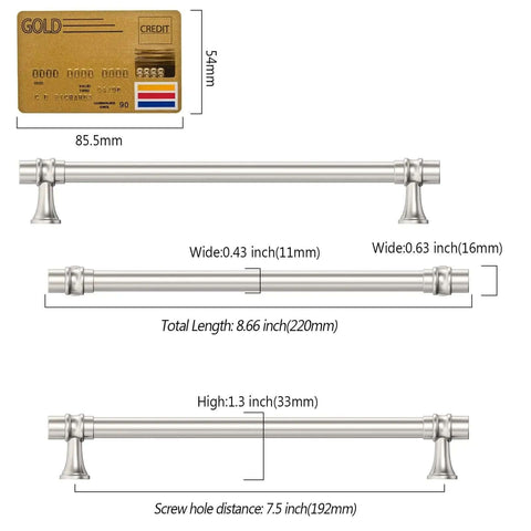 Rock Solid Heavy Duty Zinc Alloy Cabinet Pulls Set Of 10 In Brushed Satin Nickel Finish with dimensions chart.