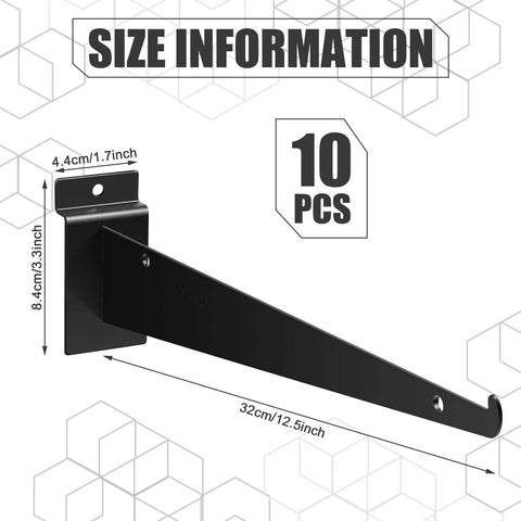 10 Pack 12 Inch Slatwall Shelf Brackets With Lip Heavy Duty Metal Slat Wall Brackets For Shelving And Display In Garage Kitchen Or Shop Bulk Black Finish Durable Mounting Accessories side view