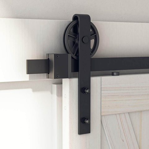 Close-up of Beefy 8 Foot Sliding Barn Door Hardware Kit Black Track System Ultra Quiet Smooth Sliding Easy Install