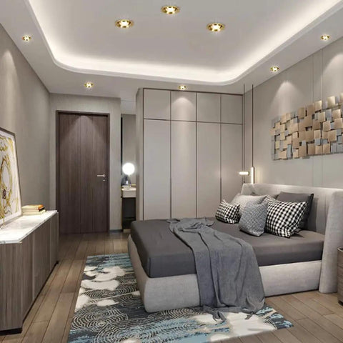 WKNHHL 7W Brass Led Recessed Light, 3 Inch Baffle Trim, CRI 95, showcased in modern bedroom ceiling design.