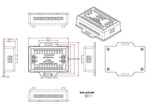 Technical drawing of Heavy Duty Screw Terminal Block Distribution Box Module 30A 300V 2x12 Positions with Expansion Capability.