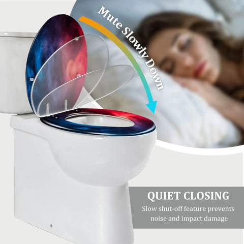 Toilet Seat Elongated Resin for Halloween Decor in red and blue with quiet closing feature on a modern toilet.