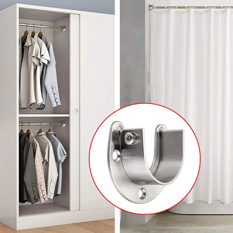 Top Shelf Four Pack Of Closet Rod End Supports And Brackets Secure 1 Half Inch Poles In Sleek Silver mounted in a closet.