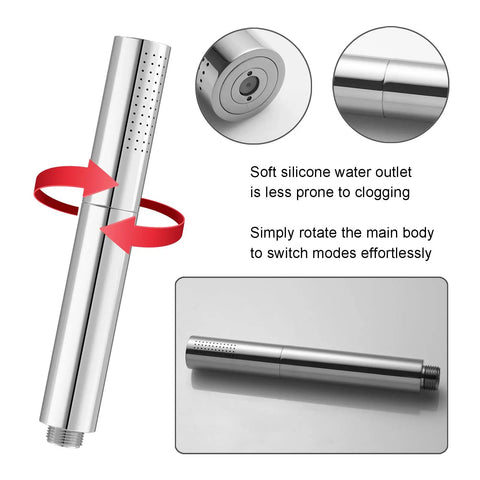 Chrome Brass Handheld Shower Head With High Pressure 2 Function Sprayer 7 Inch Head showing mode switch and silicone outlet details.