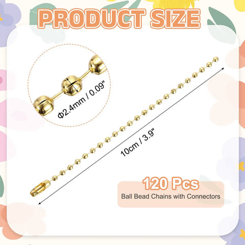 Gold Tone Ball Bead Chain Bulk 3.9 Inch Links For Jewelry Making And Keychains, 120 Pcs; 10cm chain shown
