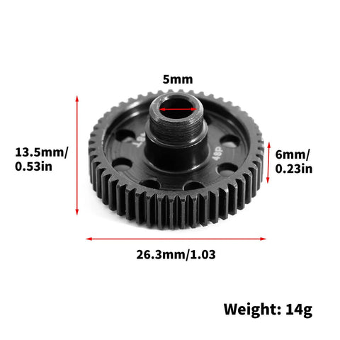 Beefed Up Hardened Steel 48P 48T Spur Gear Upgrade dimensions with weight for 1/10 Scale RC Car, shows measurements and structure.