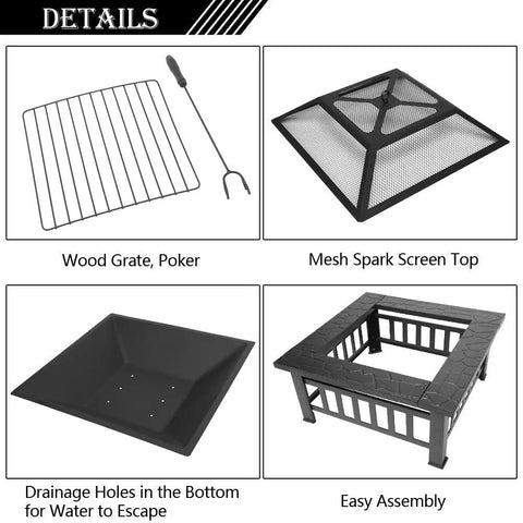 32 Inch Wood Fire Pit With Mesh Lid And Fire Poker Portable Outdoor Fireplace parts including grate, mesh lid, and frame details