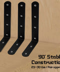Beefy Heavy Duty Stainless Steel L Brackets For Shelves Set Of 4, black finish L shaped corner braces, shown on wooden surface.