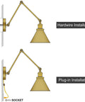 Diagram of Gold Brushed Swing Arm Wall Sconces with plug-in and hardwired options, showing adjustable arm and orange cord.