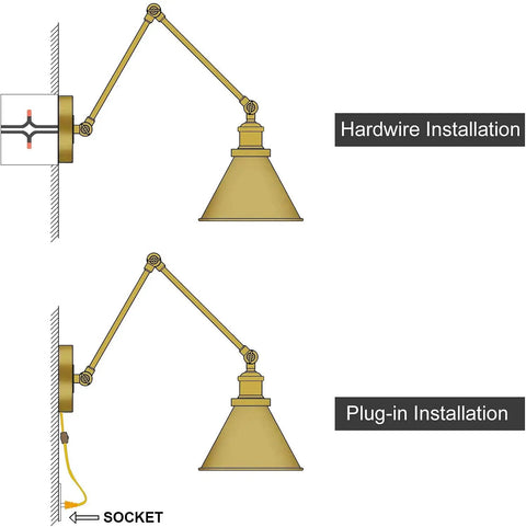 Diagram of Gold Brushed Swing Arm Wall Sconces with plug-in and hardwired options, showing adjustable arm and orange cord.