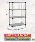 Heavy Duty 304 Stainless Steel Shelving Rack With Rock Solid Flat Shelves And Raised Marine Lip To Stash Gear For Dang Tough Commercial Garage Storage Unit Four Tier, 86 inches tall, 48 inches wide.