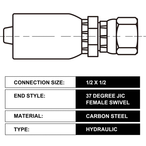 Hydraulic hose fitting, 1/2 in ID to 1/2 in JIC 37-degree female swivel, carbon steel, side view