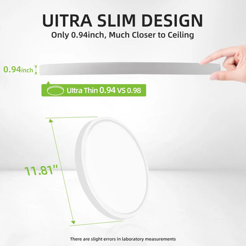 Image of 2 Pack 12 Inch LED Round Flat Panel Light With 3 CCT Selectable Color Temperature 3000K 4000K 5000K 24W Edge Lit Flush Mount Ceiling Fixture, showcasing ultra slim 0.94-inch design and dimensions.