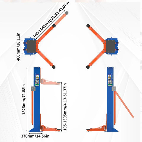 Heavy Duty Portable Two Post Car Lift With 8000 Lbs Capacity And Electric Lock Adjustable Height Up To 51 Inches side view with dimensions