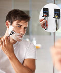 Man shaving with razor in focus, inset shows Heavy Duty Self Adhesive Razor Holder And Shower Hook Set In Stainless Steel Stick On Wall Hangers.