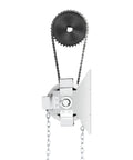 Garage door jackshaft chain hoist, silver steel with black sprocket and hanging chains (front view)
