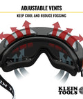 Tinted Safety Goggles With Anti Fog Lens showing adjustable vents, pro-grade eye protection, dust and splash resistant design.
