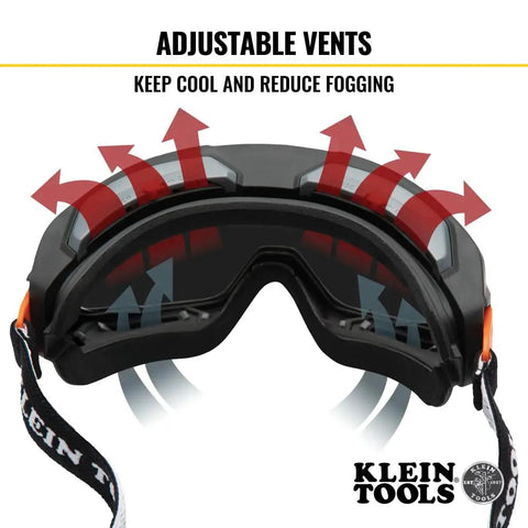 Tinted Safety Goggles With Anti Fog Lens showing adjustable vents, pro-grade eye protection, dust and splash resistant design.
